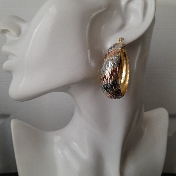 Tricolor Gold Filled Hoop Earrings Argyle Design - Picture 5 of 7